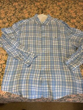 Men's Vineyard Vines Blue and White 100% Linen Plaid Button-Down Shirt/XXL